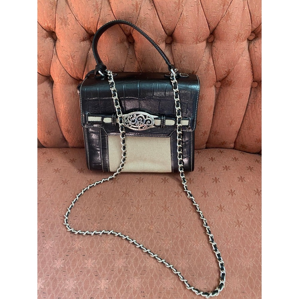 Brighton Tommy Satchel Purse Shoulder Bag Removable Chain Strap Beige Black Croc